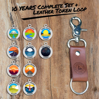 10 Years Sobriety Tokens Complete Set and Leather Token Loop