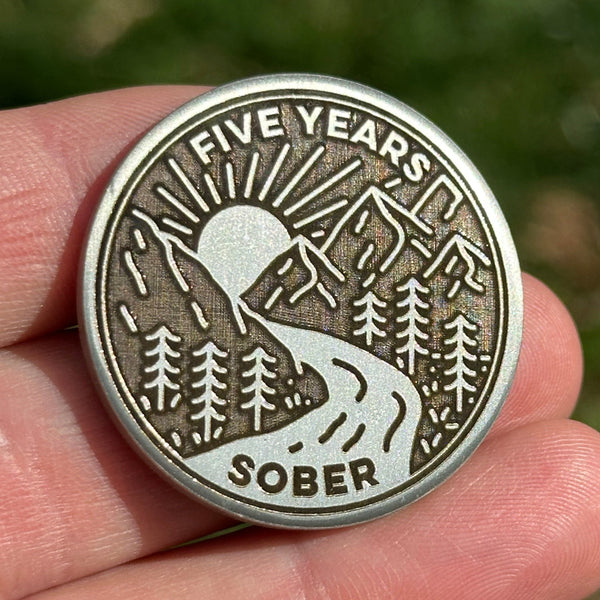 Custom Mountain Stream at Sunrise sobriety coin