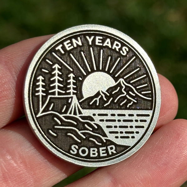 Custom Tent on Peaceful Lake sobriety coin