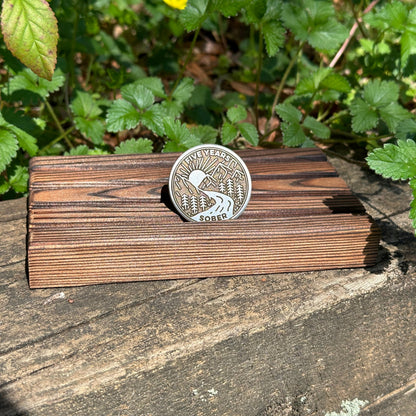 Custom Mountain Stream at Sunrise sobriety coin