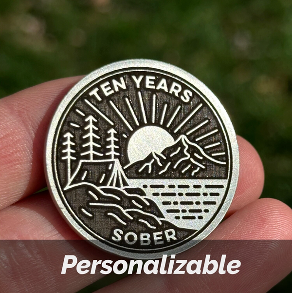 Custom Tent on Peaceful Lake sobriety coin