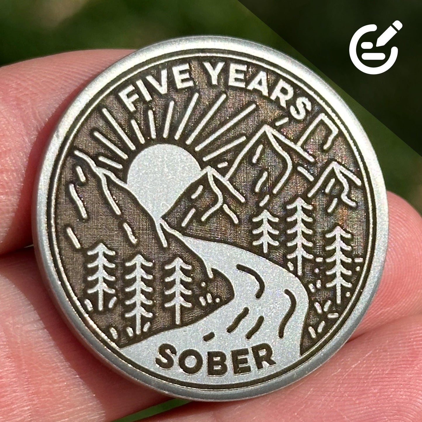 Custom Mountain Stream at Sunrise sobriety coin - The Achieve Mint