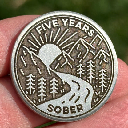 Custom Mountain Stream at Sunrise sobriety coin - The Achieve Mint