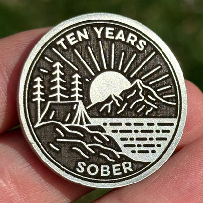 Custom Tent on Peaceful Lake sobriety coin - The Achieve Mint