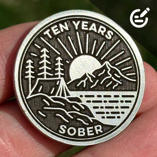 Custom Tent on Peaceful Lake sobriety coin - The Achieve Mint