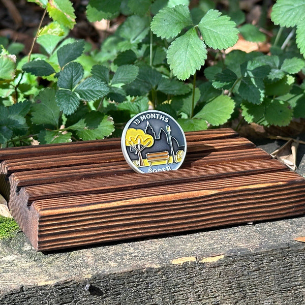 Thirteen Months Sober sobriety coin Coin The Achieve Mint 4-row wooden display 